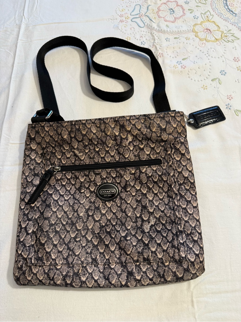 Coach Brown Snake-Print Crossbody Bag with Black Strap